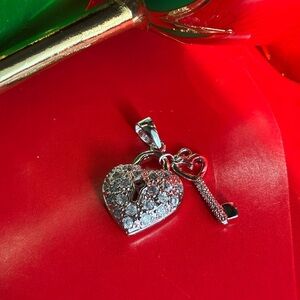 925 Silver Charm,Elegant Silver Heart and Key Charm.